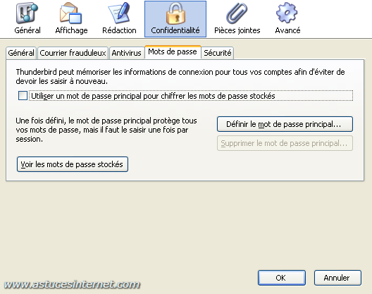 Thunderbird : Menu option - confidentialité