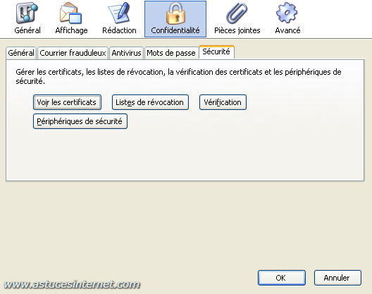 Thunderbird : Menu option - confidentialité