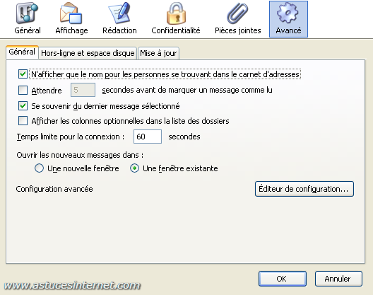 Thunderbird : Menu option - avancé