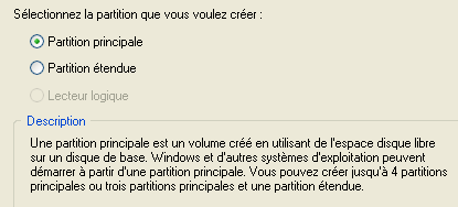 Sélection du 
type de partition