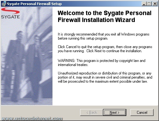Ecran d'installation de Sygate Ecran d'installation de Sygate
