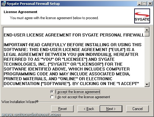 Licence d'utilisation de Sygate Personal Firewall