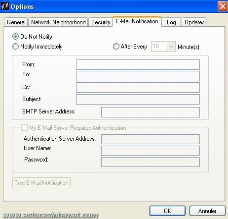 Options onglet Email notification Options onglet Email notification