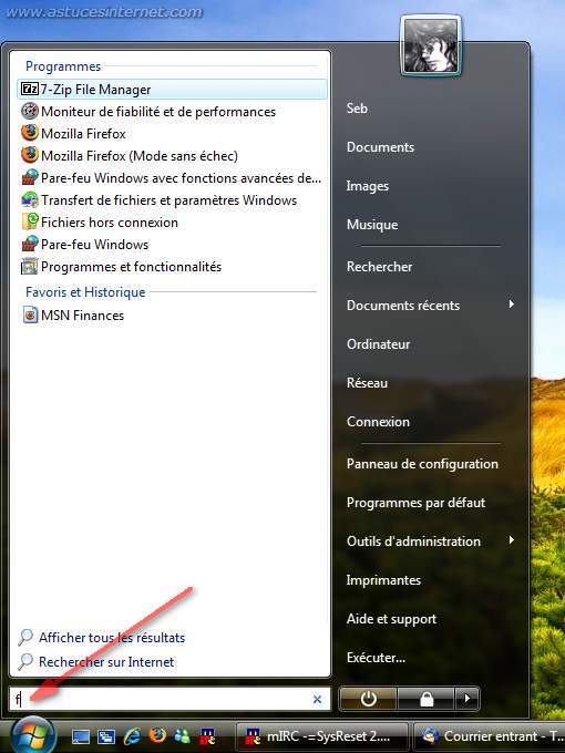 Zone de recherche du menu démarrer