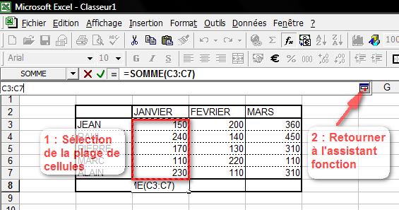 Sélection des données sur la feuille de calcul