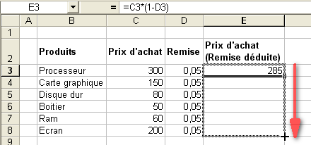 Faites glisser la poignée de recopie vers le bas