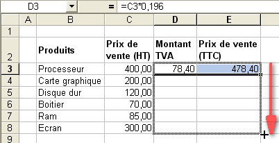 Faites glisser la poignée de recopie vers le bas