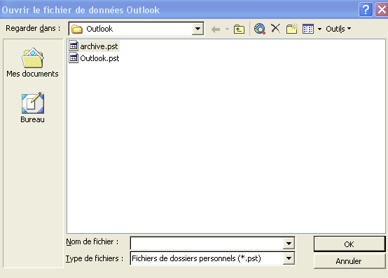Sélection du fichier PST à connecter