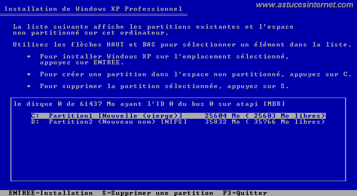 Sélection de la partition sur laquelle installer Windows