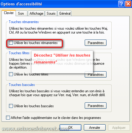 Faq Reglages Divers Comment Desactiver Les Touches Remanentes Astuces Internet