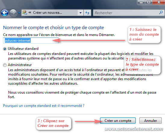 Saisir les informations du compte à créer