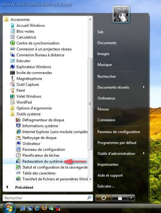 Menu restauration du système