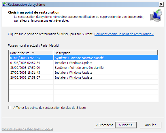 Sélection du point de restauration