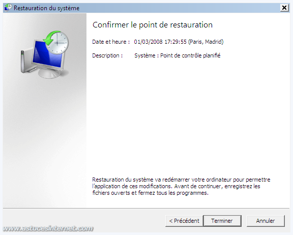 confirmation du point de restauration