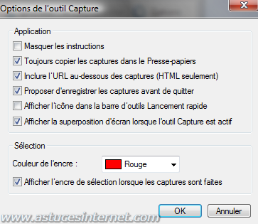 Options de l'outil de capture