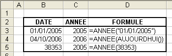 Exemple d'utilisation de la fonction année