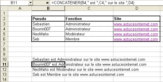 Exemple tableau fonction CONCATENER