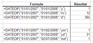 Aperçu de résultats (DATEDIF)