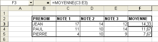 Exemple tableau fonction MOYENNE