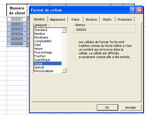 Format de cellule : Texte