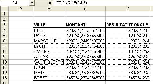 Excel : Fonction TRONQUE