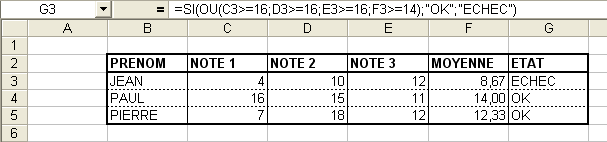 Exemple tableau fonction imbriquée SI OU