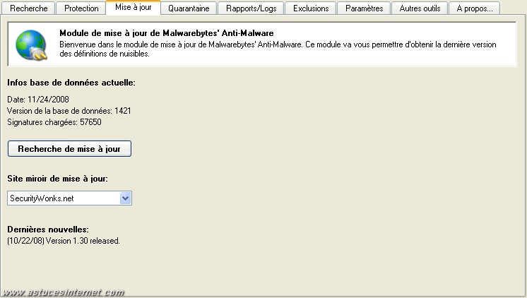 Description des onglets