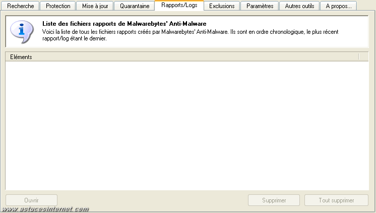 Description des onglets