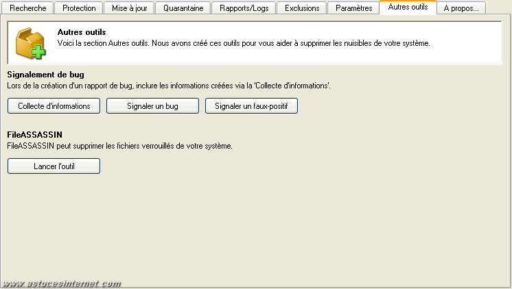 Description des onglets