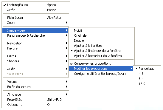 Menu contextuel de Media Player Classic