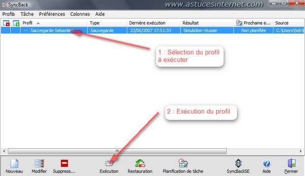 Lancement d'un profil de sauvegarde