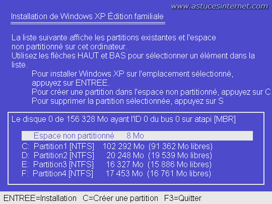 Liste des partitions existantes sur le disque dur