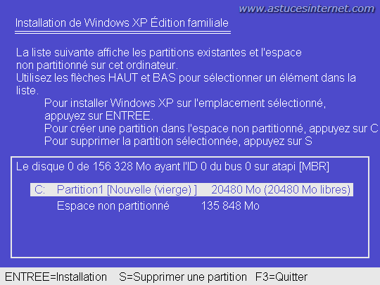 Choix de la partition sur laquelle installer Windows XP
