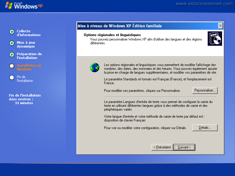 Installation de Windows XP : Paramétrage des options linguistiques