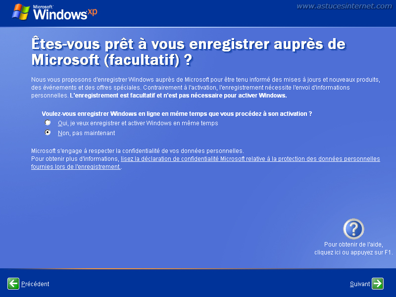 Installation de Windows XP : enregistrement